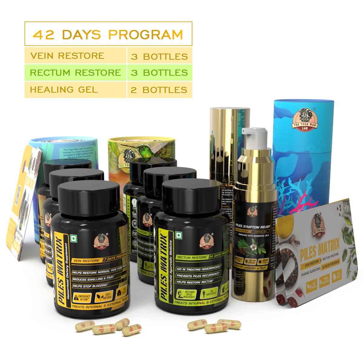 PILES MATRIX - 42 Days Program for complete at-home healing | Hemorrhoids Ayurvedic Supplements & Gel | Get Vein Restore + Rectum Restore + Healing Gel + Diet Booklet | Treats Hemorrhoids | 100% Natural